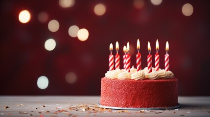 Red velvet birthday cake adorned with creamy frosting and lit candles, set against a blurred festive background, creating a joyful celebration atmosphere