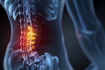 Human spine anatomy highlighting the lumbar region, showcasing the skeletal structure, bones, and potential areas of pain or injury