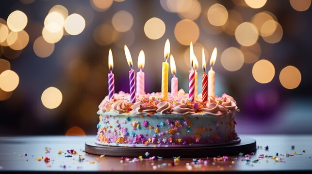 Colorful birthday cake with lit candles, adorned with sprinkles and frosting, set against a blurred background of festive lights, celebrating joy and special occasions