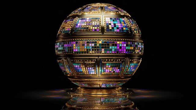 A golden sphere adorned with bands of vibrant multicolored mosaic tiles, set on a matching base, reflects light onto a dark surface