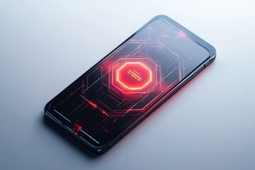 Sleek smartphone displaying a futuristic red interface with an octagon shape, showcasing advanced technology and innovative design on a light gray surface.