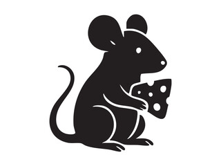 Black silhouette of mouse holding cheese, isolated on white background. concept of rodent, cheese lover, icon, logo, cute pet, design element, playful mascot
