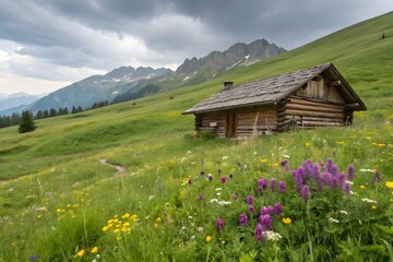 Rustic wooden cabin nestled on a green mountain slope with wildflowers