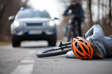 Full length of a young female bicyclist fallen down on street with serious injuries after traffic accident with the 4x4 car of a young man