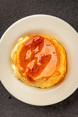 caramel cream dessert flan pudding sweet dessert fresh delicious gourmet food background on the table rustic food top view copy space