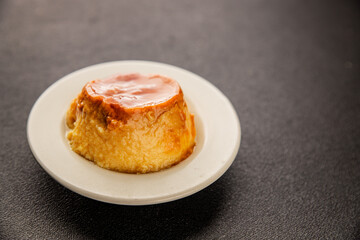 caramel cream dessert flan pudding sweet dessert fresh delicious gourmet food background on the table rustic food top view copy space