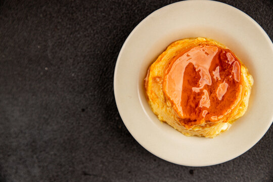 caramel cream dessert flan pudding sweet dessert fresh delicious gourmet food background on the table rustic food top view copy space