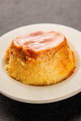caramel cream dessert flan pudding sweet dessert fresh delicious gourmet food background on the table rustic food top view copy space