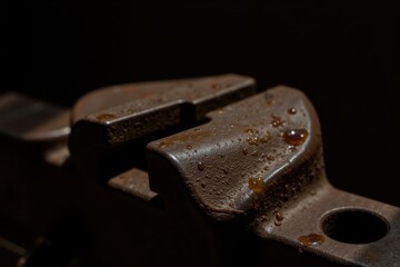 Detailed shot of an old vice grip with dried oil and rust, dramatic studio lighting and shadows