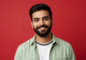 Obraz premium Portrait of a cheerful young man with a stylish beard smiling warmly at the camera