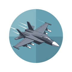 A dark fighter jet flies through a teal circle.