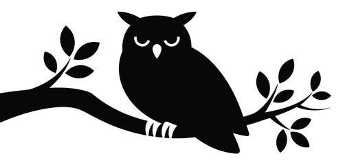 Silhouette of a wise owl perched on a tree branch with leaves
