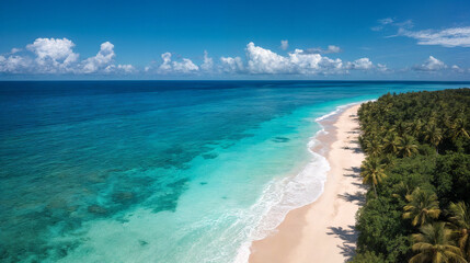 Tropical coral seascape with turquoise water and waves approaching the beach.