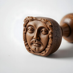 Close-up of vintage hand-carved wooden stamp face, detailed craftsmanship, antique stamping tool, perfect for collectors and crafters, isolated on pure white background