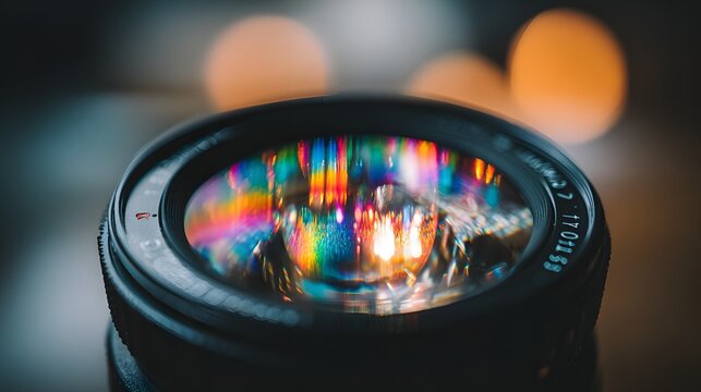 Close-up view of a camera lens with vibrant colors.