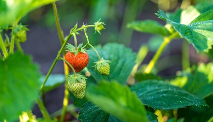 Obraz premium Fresh strawberries growing on vine