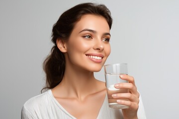 Smiling caucasian young woman holding glass of water in bright setting