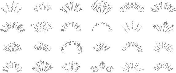 collection of hand-drawn continuous line icons illustrating bursts, explosions, confetti, and surprise rays. Each minimalistic design conveys dynamic motion and expressive energy through abstract shap