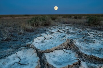 Dry cracked earth under a dusky sky, illuminated by the soft glow of a full moon, evokes drought.