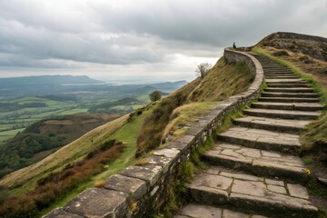 Stone staircase winding up a grassy mountain under a cloudy sky