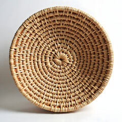 Extreme close-up of hand-woven basket texture in natural fibers, detailed craftsmanship, eco-friendly woven basket, rustic home decor, artisanal handmade basket, isolated on pure white background