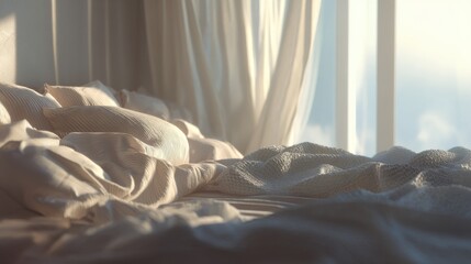 Cozy Unmade Bed With Soft Morning Light Through Curtains. Inviting And Serene Bedroom Atmosphere