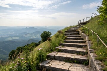 Obraz premium Stone staircase ascends a lush green mountain leading to a scenic vista