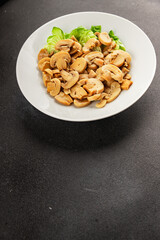 champignon slices canned mushrooms salad fresh delicious gourmet food background on the table  rustic food top view copy space keto and paleo diet vegetarian and vegan food