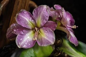 Two purple and yellow flowers are covered in water droplets, highlighting their textures and intricate details in macro view.