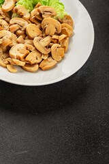 champignon slices canned mushrooms salad fresh delicious gourmet food background on the table  rustic food top view copy space keto and paleo diet vegetarian and vegan food