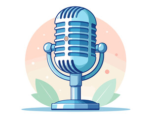 Vintage blue microphone illustration for broadcasting and podcasting. Retro audio recording equipment icon on a stand. Vector design.