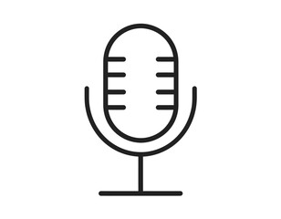 Microphone icon in a simple black line art style. A classic vintage mic symbol for audio recording, broadcasting, or podcasting. Vector illustration.