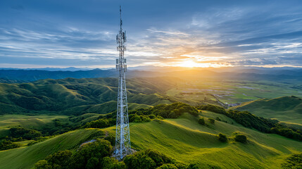 Obraz premium 5G antenna tower rising above green countryside hills at sunset