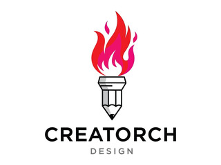 Creative Design Torch: A visually striking, minimalist logo presents a creatively designed pencil as a torch with a flaming fire, symbolizing ideas and passion for creative innovation and design. 