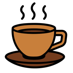 A simple illustration of a steaming brown cup of a hot beverage like coffee or tea on a saucer, isolated on a white background.