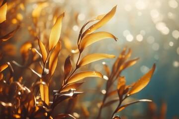 Underwater plants with golden leaves, glistening with water droplets, stand out against a blue background with blurry light spots.