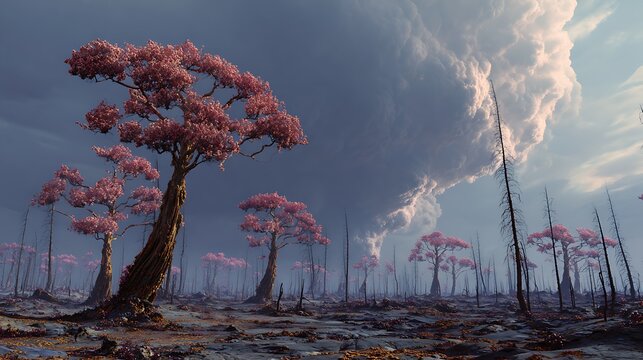 Twisted mutated trees forming eerie shapes in a mysterious enchanted woodland