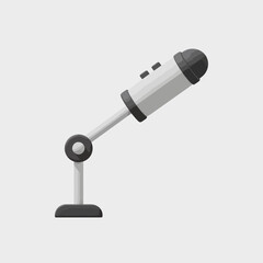 A white microphone on a stand against a light gray background.