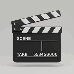Obraz premium Black movie clapperboard with white stripes on a light background.