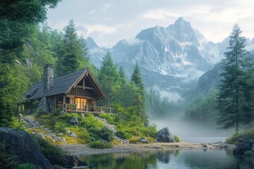 Fototapeta premium A cozy log cabin nestled beside a serene lake with majestic mountains in the backdrop, bathed in soft, misty light.