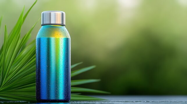 Reusable water bottle with condensation, highlighting eco conscious hydration practices on greenery