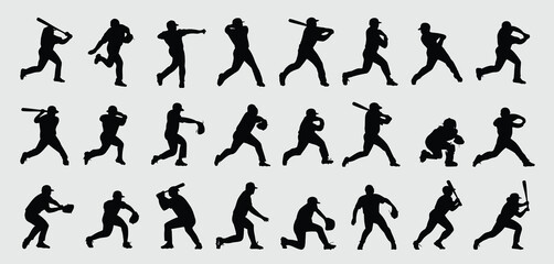 Collection of baseball player silhouettes in various action poses