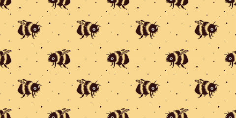 Cute Bumblebee Seamless Pattern Cartoon Bee Vector on Honey Yellow Background
