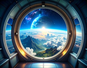 Spaceship porthole, planet view