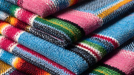 Close-up view of colorful striped textiles stacked.