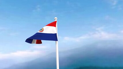 4k Paraguay flag in the wind, blue sky with a cinematic view, Paraguay flag waving, drone shot sky background. It's the Perfect Loop national holiday and Independence Day