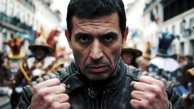 A serious man clenches his fists in a fighting stance in a crowd during a colorful carnival parade