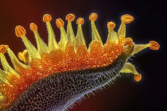 A macro image reveals the intricate, colorful details of a Drosera capensis, or sundew plant.