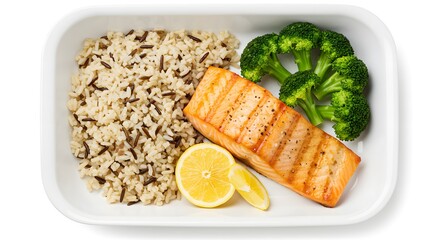 Healthy Meal Prep Grilled Salmon Wild Rice and Broccoli in a White Container.