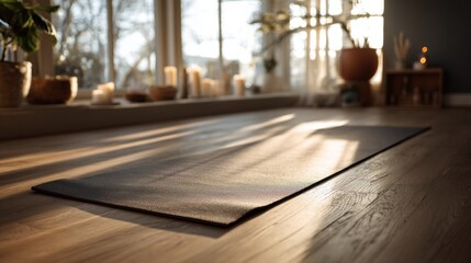 Yoga Mat In Serene Home Setting With Candles And Plants. Peaceful Ambiance For Meditation And Relaxation